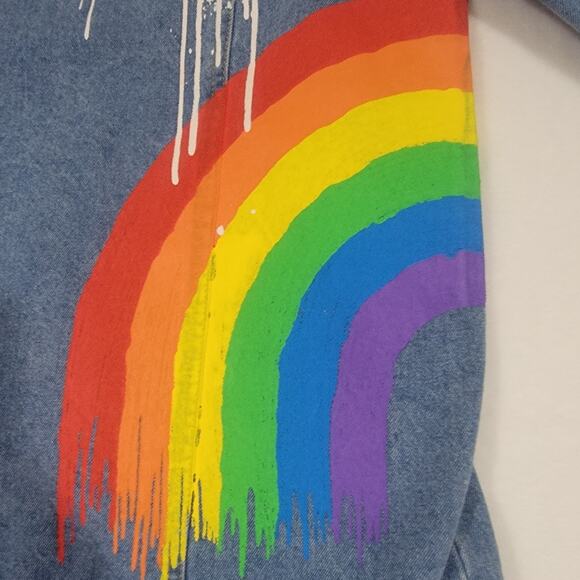 M&M Rainbow Vibes Denim Jean Jacket Large Pride Distressed - Picture 11 of 16